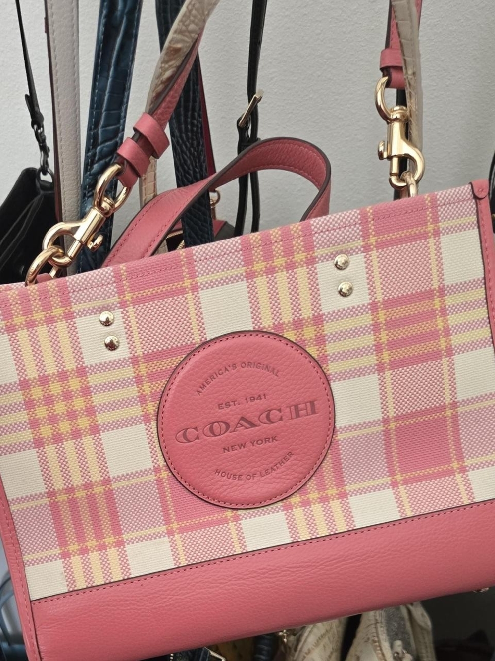 Coach Pink Plaid Satchel with Cream and Yellow Accents